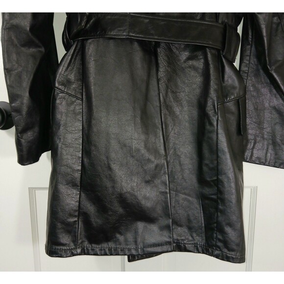 Vintage Mens Sz S Black Leather Trench Coat Removable Faux Fur Lining Old Money - Picture 11 of 16
